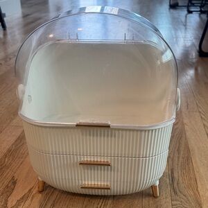 Cream Cosmetic Organizer with Clear Dome Lid and gold accents